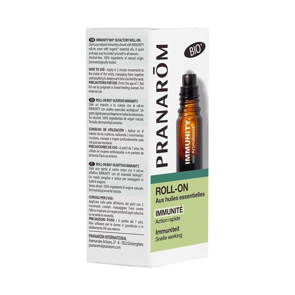 Verpakking van de Pranarom Roll-on Immunity met Bio-keurmerk en gebruiksinstructies.