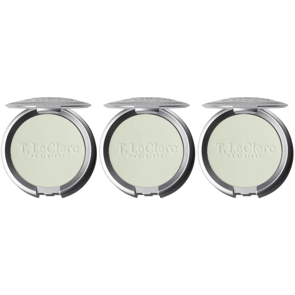 Drie T. LeClerc Poudre Compacte 04 Tilleul poeder compacts met geopende deksels.