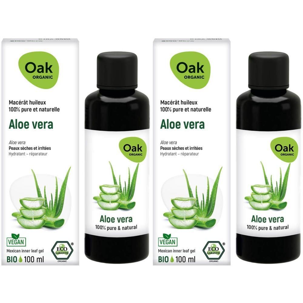 Trois flacons de macérat huileux Aloe vera Oak Organic. Illustration d'aloe vera et logos.