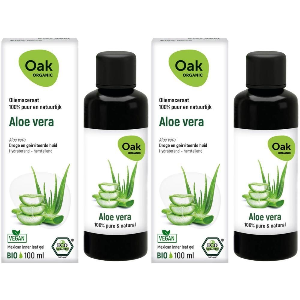 Oak Organic Aloe Vera Olie Macerat, 100 ml. Flessen met aloë vera illustratie.