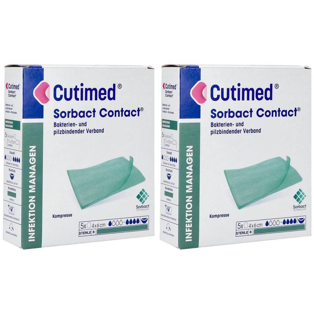 Twee verpakkingen Cutimed Sorbact Contact compressen, 5x 4x6cm.