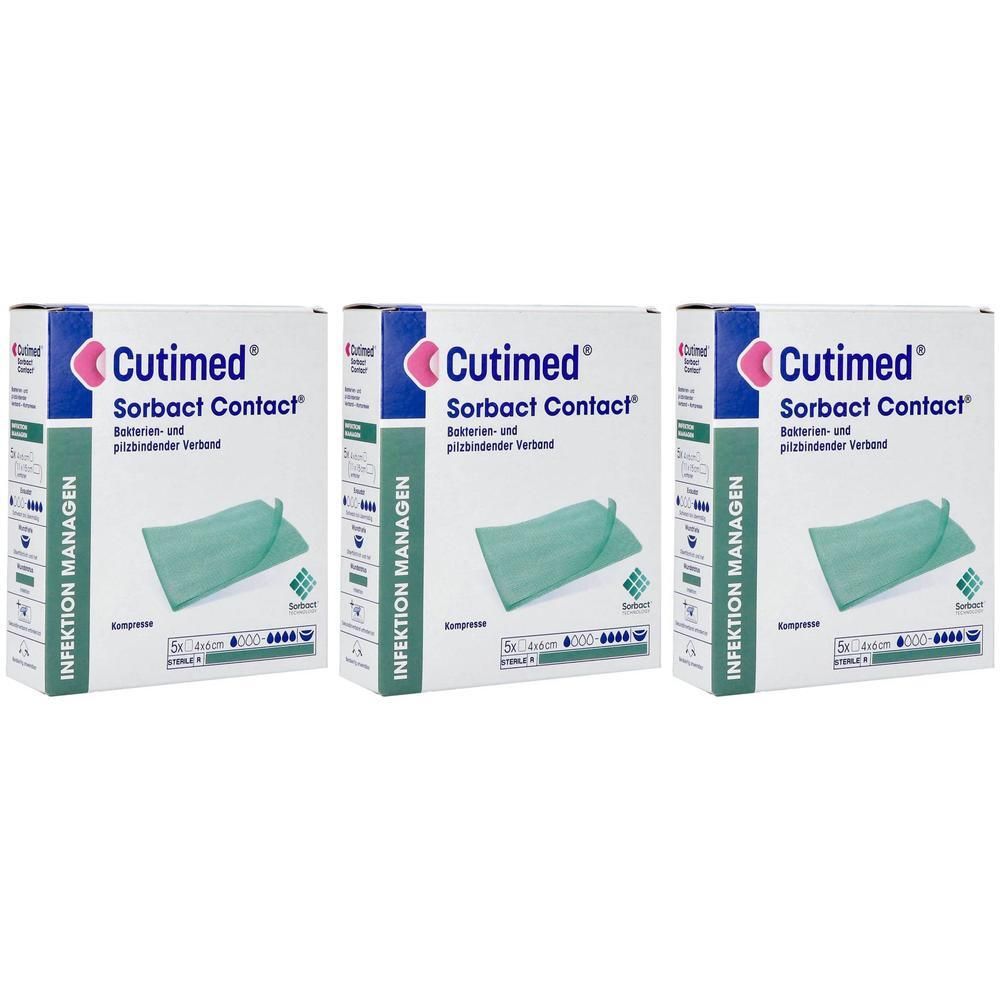 Drie verpakkingen Cutimed Sorbact Contact compressen voor infectiemanagement. Groene compressen op de verpakkingen.