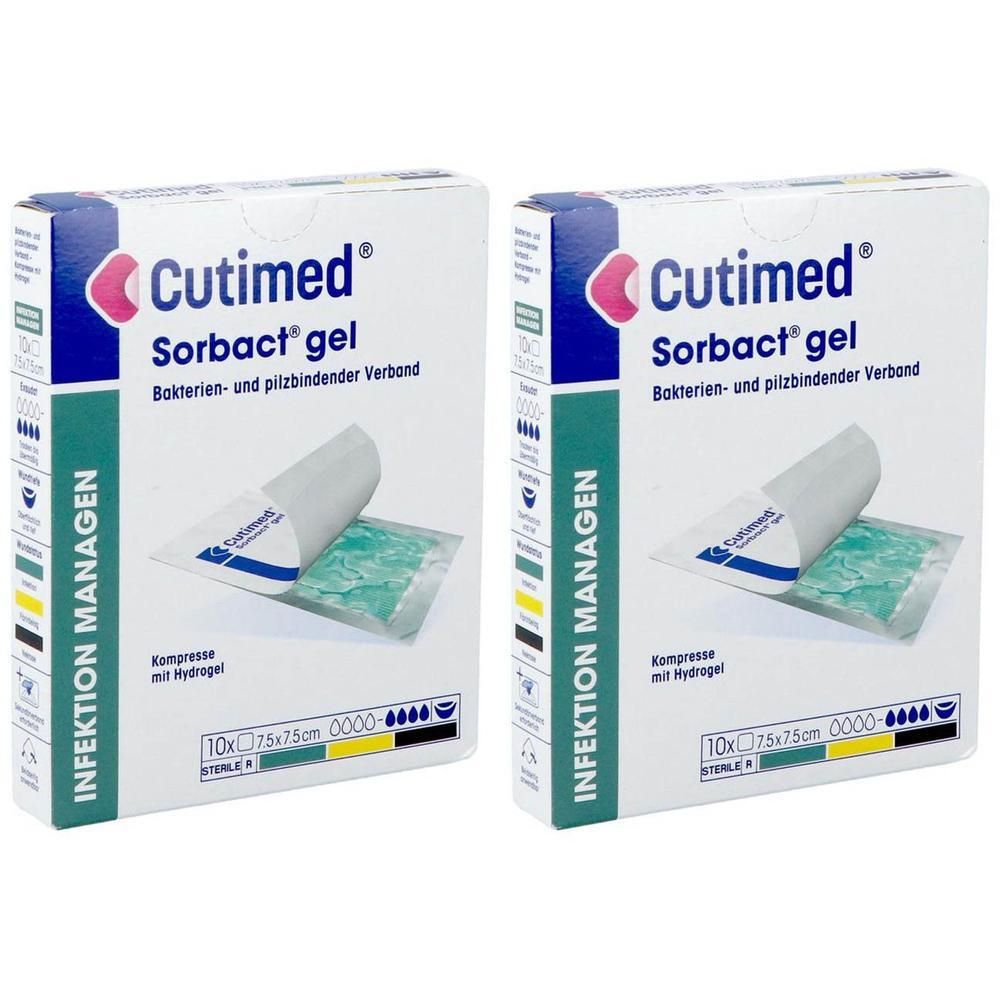 Twee verpakkingen Cutimed Sorbact gel kompressen met hydrogel, 7,5x7,5cm.