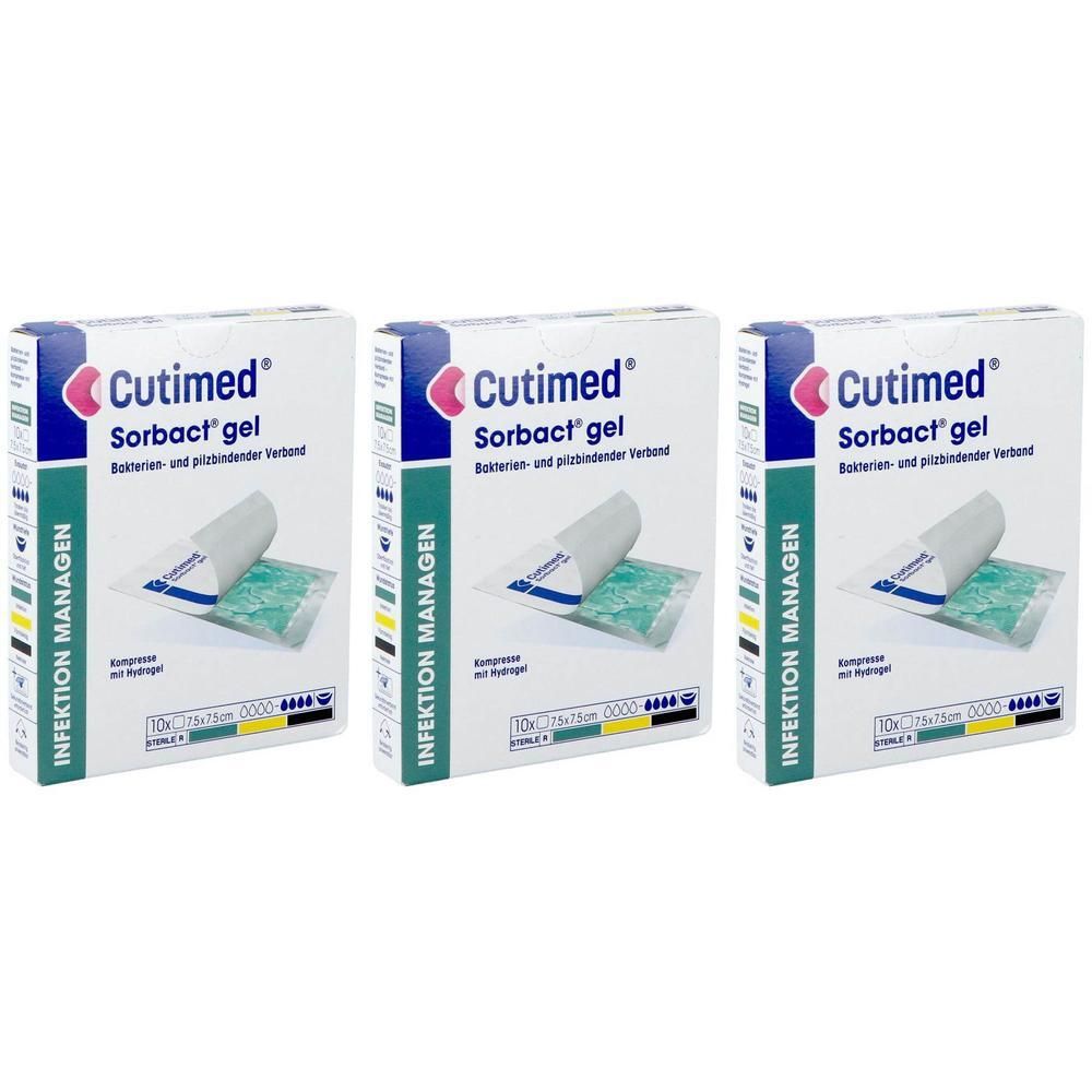 Drie verpakkingen Cutimed Sorbact gel kompressen met hydrogel. Afmeting 7,5 x 7,5 cm.