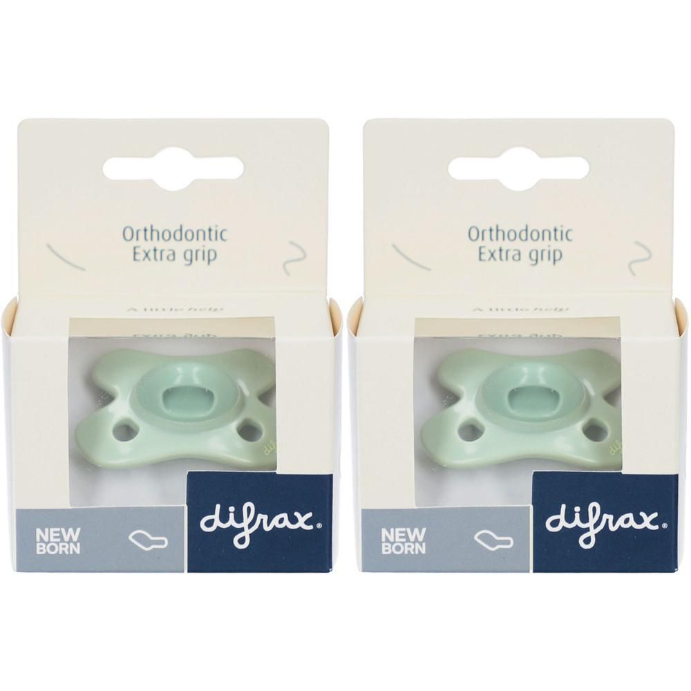 Twee Difrax orthodontische fopspeentjes voor pasgeborenen, mintgroen.