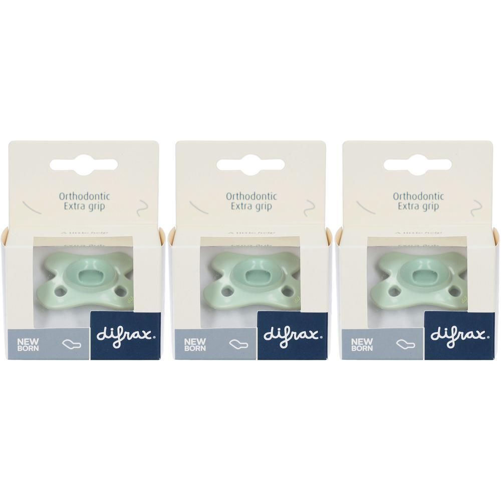 Drie Difrax speentjes mintgroen, orthodontisch, newborn, met extra grip.