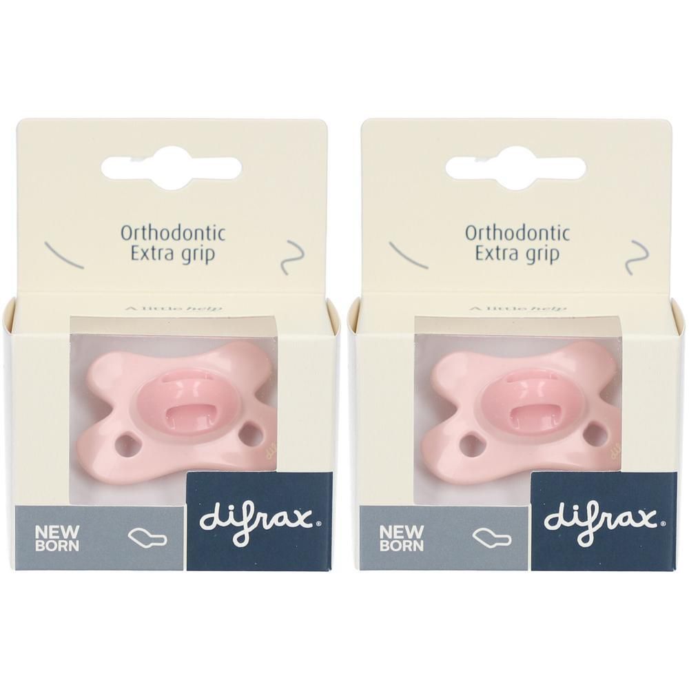 Twee Difrax orthodontische fopspeentjes Pink Opal, met "New Born" en "Extra grip" opdruk.