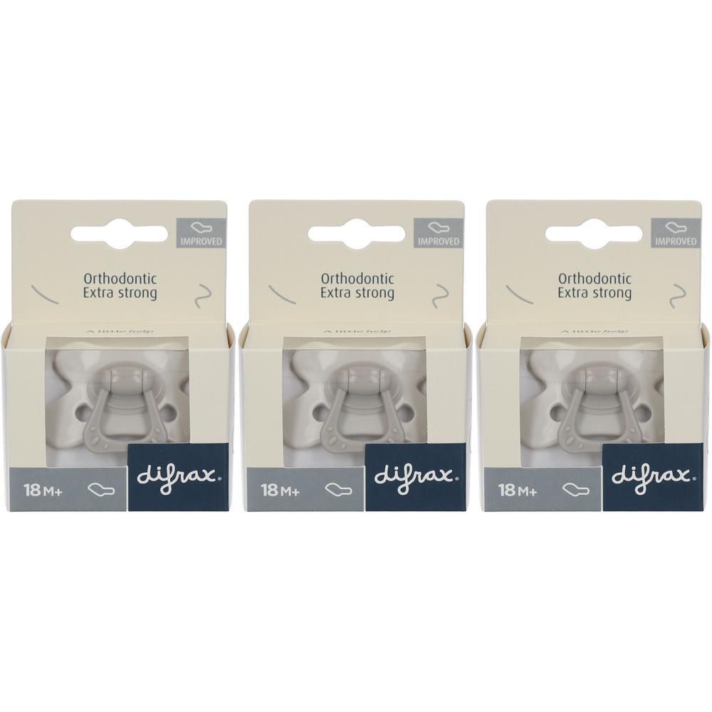 Trois sucettes Difrax orthodontiques, 18+ mois, couleur gris.