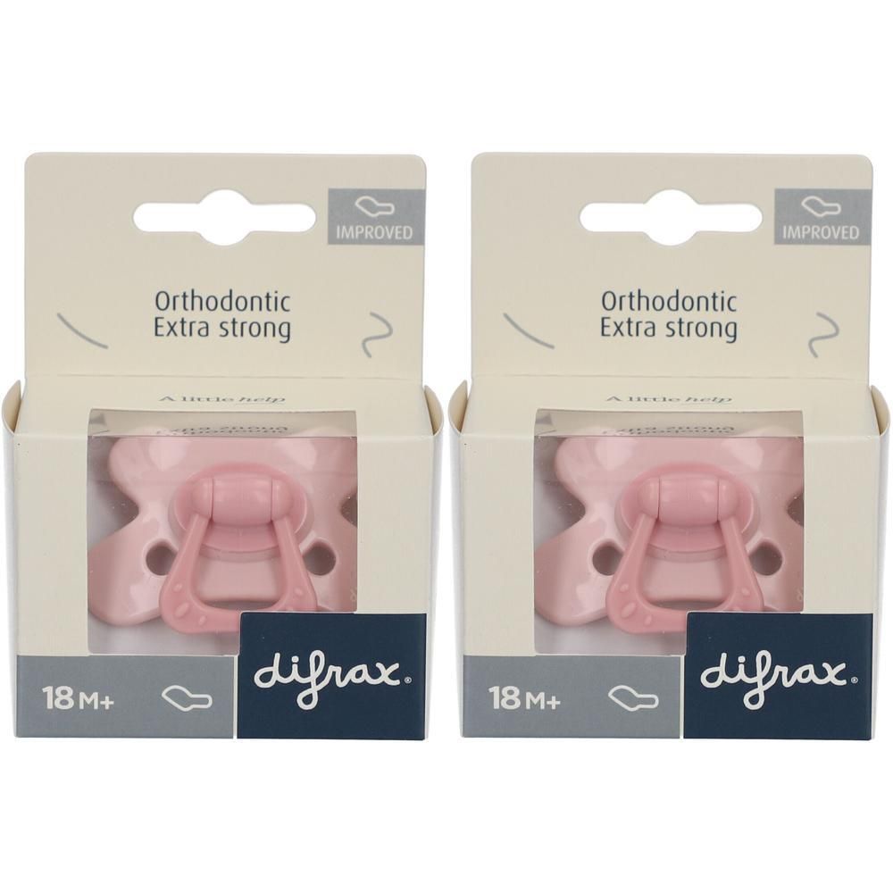Deux sucettes orthodontiques roses pour plus de 18 mois, emballées.