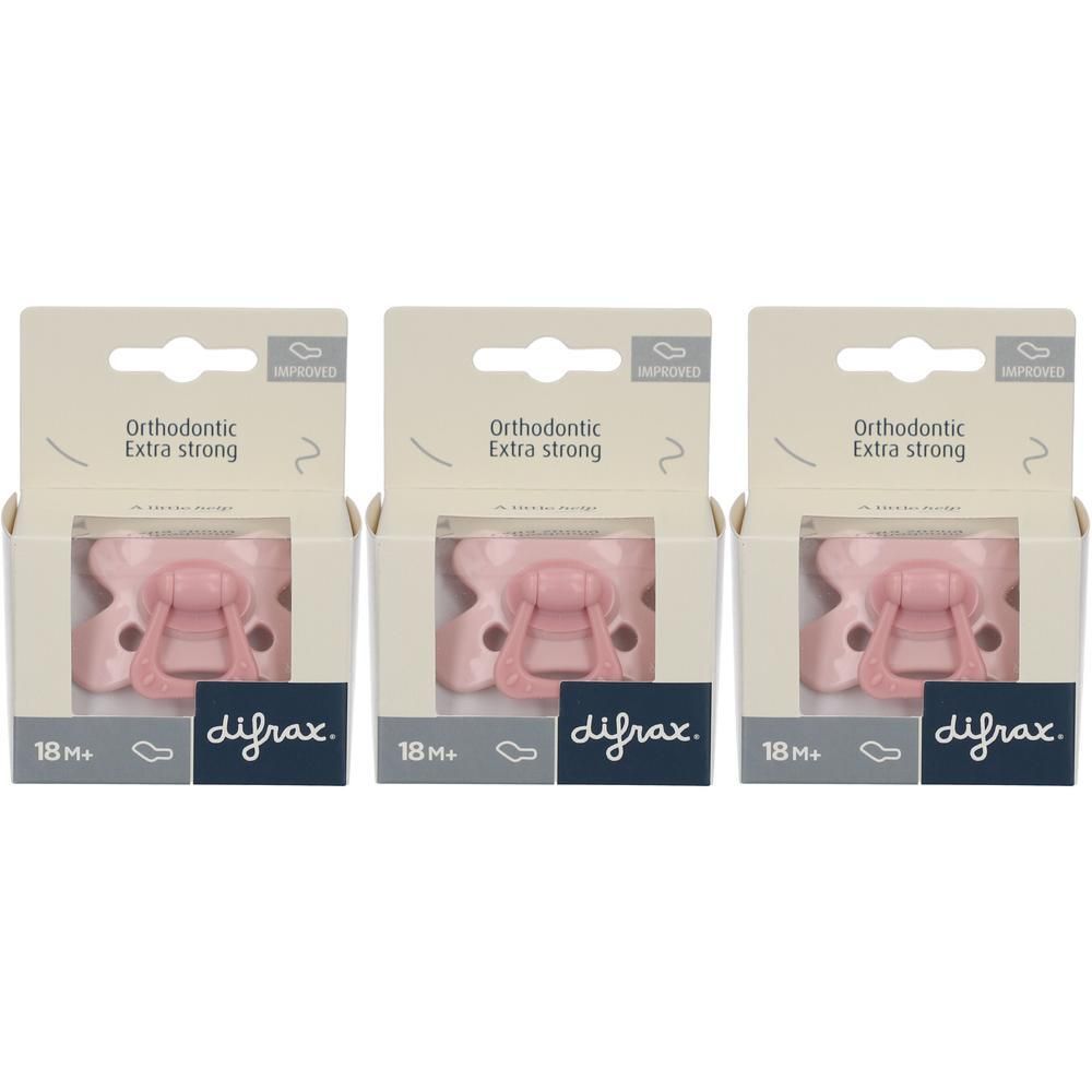 Trois sucettes Difrax orthodontiques roses pour plus de 18 mois, emballées.