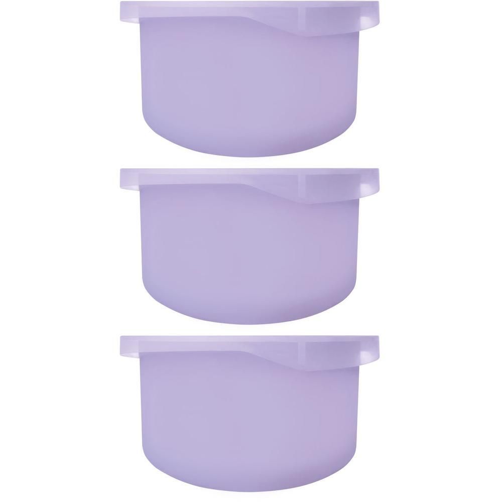 Drie lila containers met transparante deksels, opgestapeld.