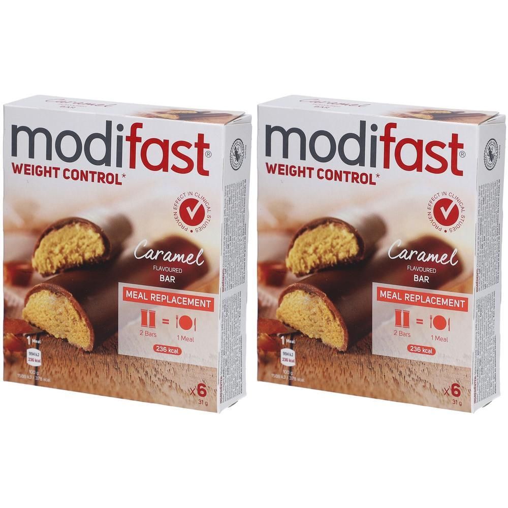 Deux boîtes de barres Modifast Weight Control saveur Caramel. Chaque boîte contient 6 barres.