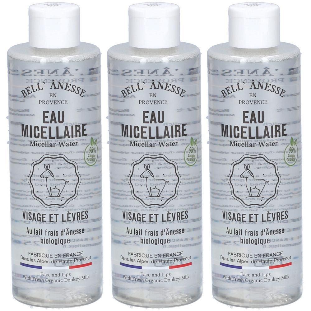 Drie flessen Bell'Anesse Micellair Water met ezel-logo. Voor gezicht en lippen.
