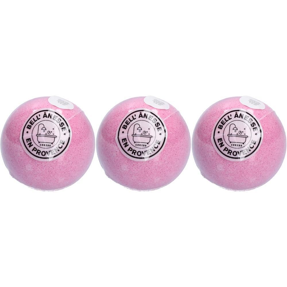 Trois boules de bain roses avec l'inscription 'Bell'Anesse En Provence'.