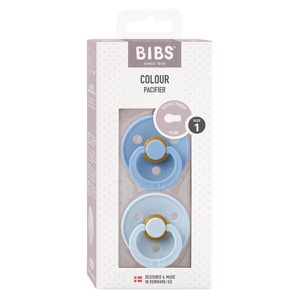 Verpakking van 2 BIBS Colour fopspenen, maat 1, voor 2+ maanden, lichtblauw.