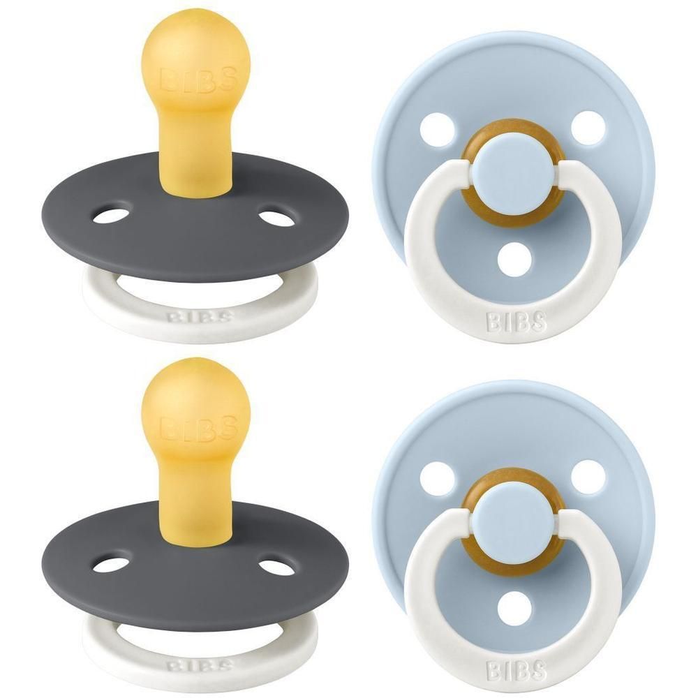 Deux tétines BIBS : une grise à téton jaune et une bleu clair à anneau blanc.