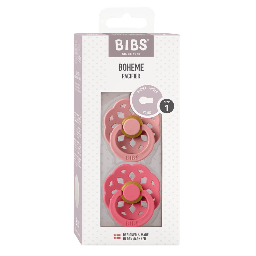 Verpakking BIBS Sucette Boheme Dusty Pink/Coral Duo 0-6 mois met twee roze speentjes, maat 1.