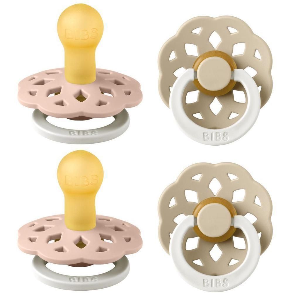 Deux BIBS Sucettes Boheme Glowdark Blush et Vanille. Tétine jaune, bouclier rond avec motif floral.