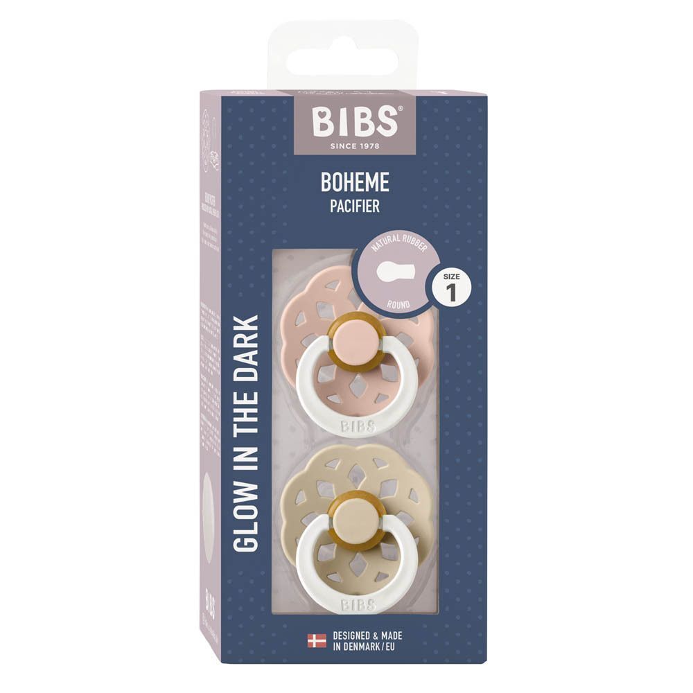 BIBS Bohème Glowdark Blush/Vanilla Duo sucettes (taille 1) dans leur emballage.