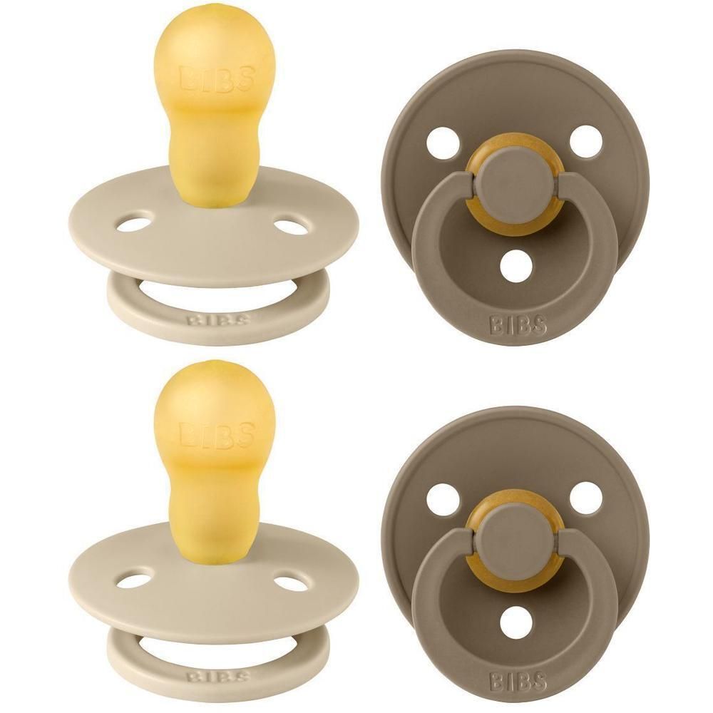 Deux sucettes BIBS beige et brun foncé, taille 3, avec tétine en caoutchouc naturel.