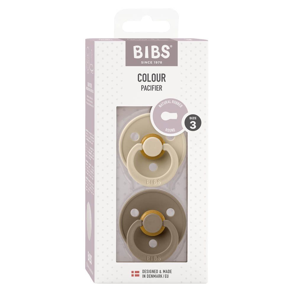 Coffret de sucettes BIBS Colour Pacifier, taille 3, beige et brun foncé, en emballage.