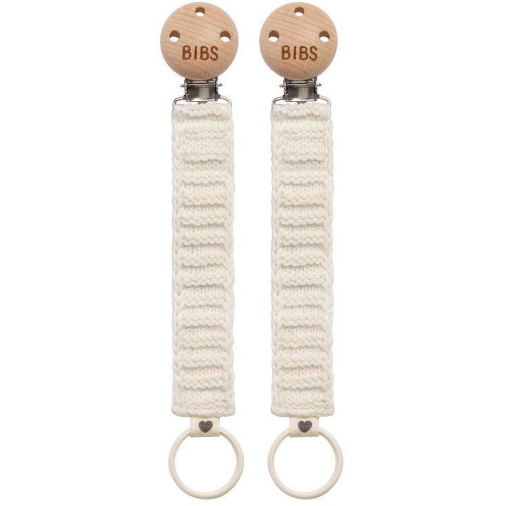 Deux attaches-sucette BIBS en bois et tricot ivoire. Avec clip métallique et anneau.