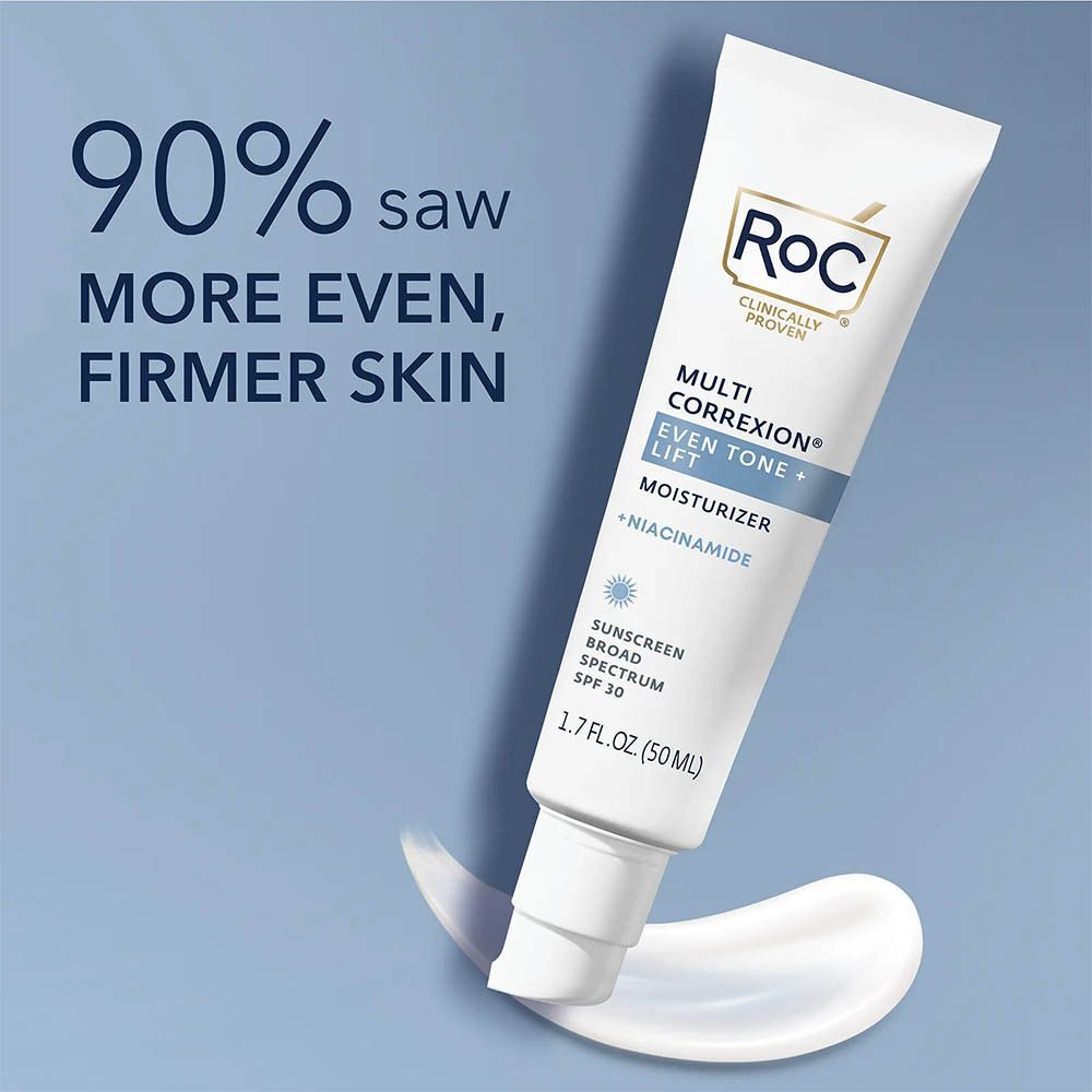 Crème hydratante RoC Multi Correxion Even Tone + Lift FPS 30 avec crème appliquée.