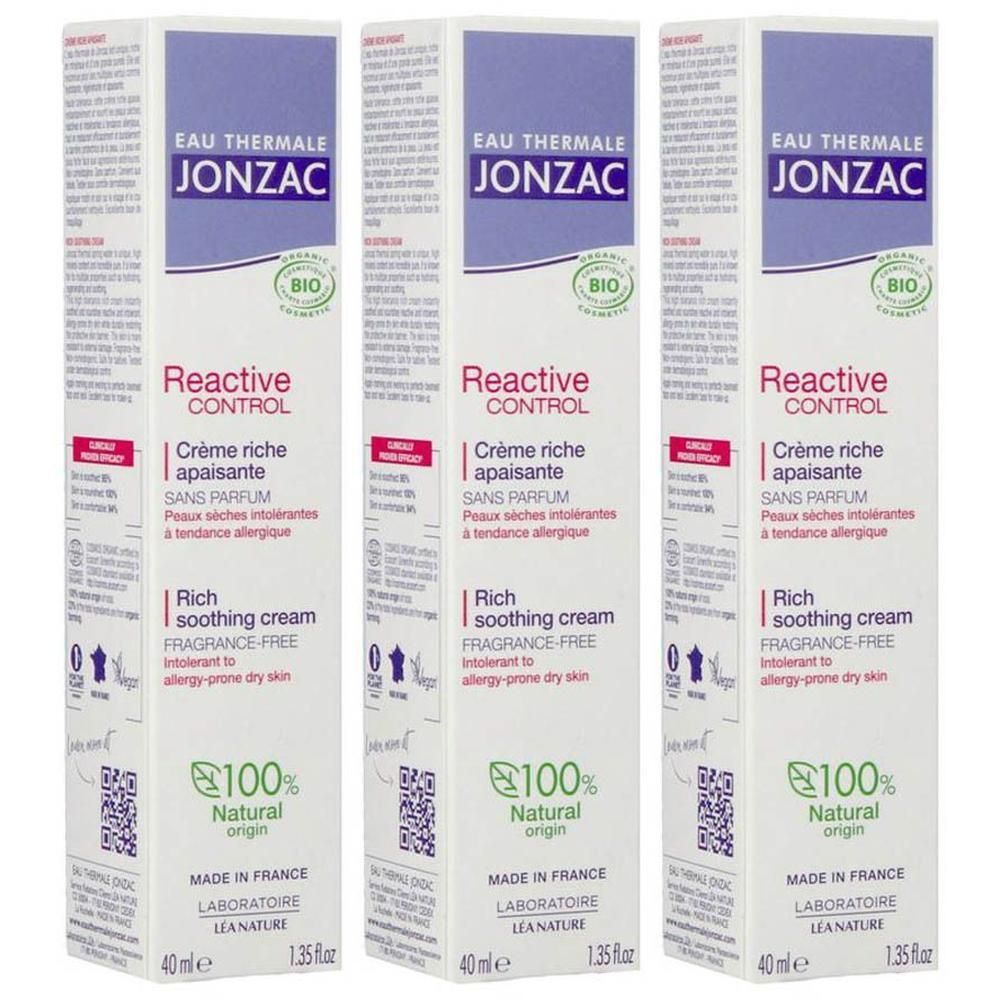 Trois boîtes de Jonzac Reactive Control Crème Riche, crème riche apaisante.
