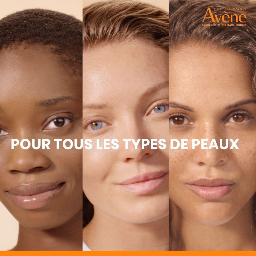 Trois femmes aux teints variés sourient. Texte : Pour tous les types de peau.