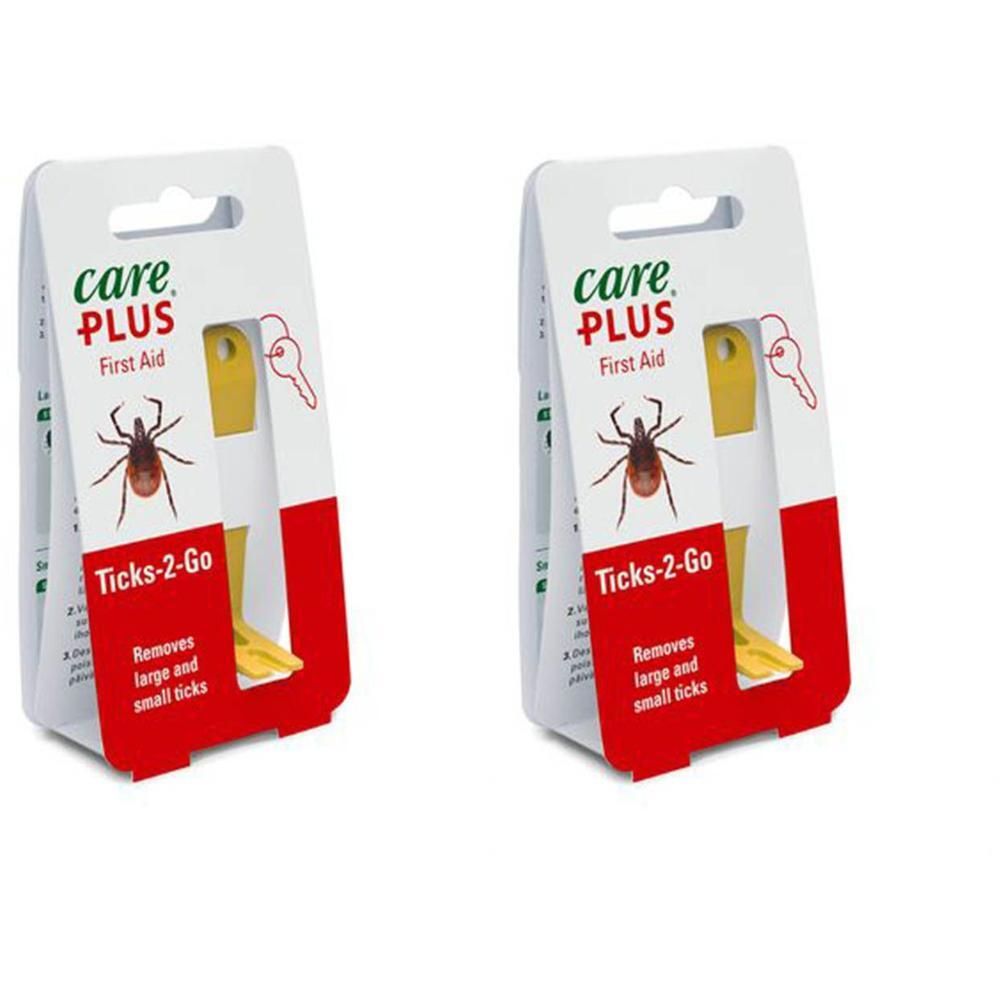 Twee Care Plus Ticks-2-Go tekenverwijderaars in blisterverpakking.