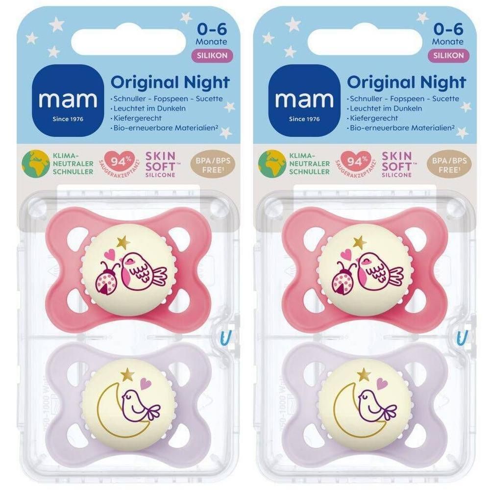 Twee MAM Original Night spenen van siliconen, 0-6 maanden. Eén roze met vogel, één paars met maan.