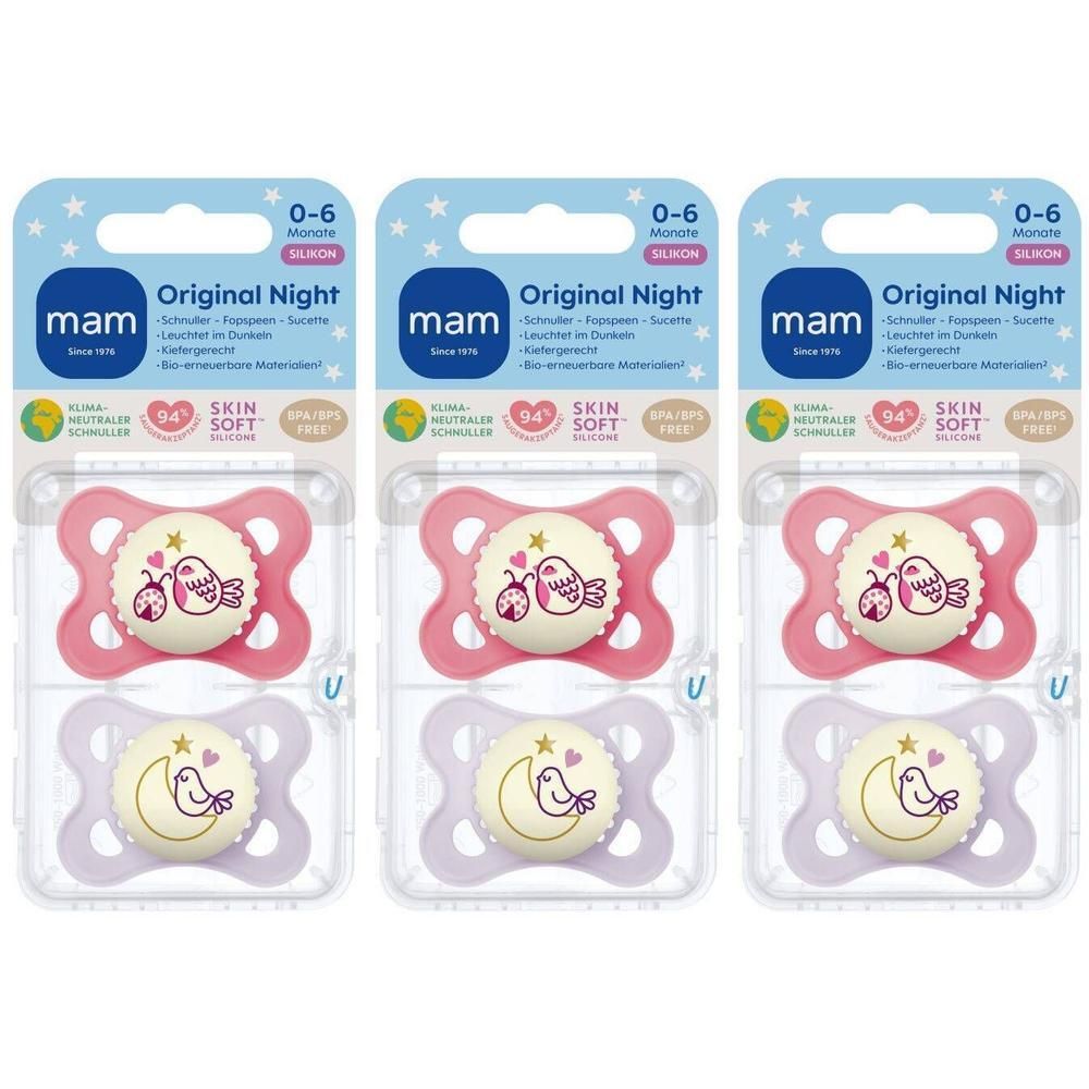 Drie pakken MAM Original Night spenen, 0-6 maanden. Roze en paarse spenen met vogel- en maanmotief.