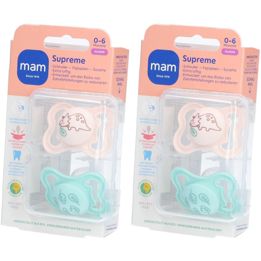 Twee MAM Supreme fopspenen van siliconen voor 0-6 maanden, één roze met dinosaurus-print, één mintgroen.