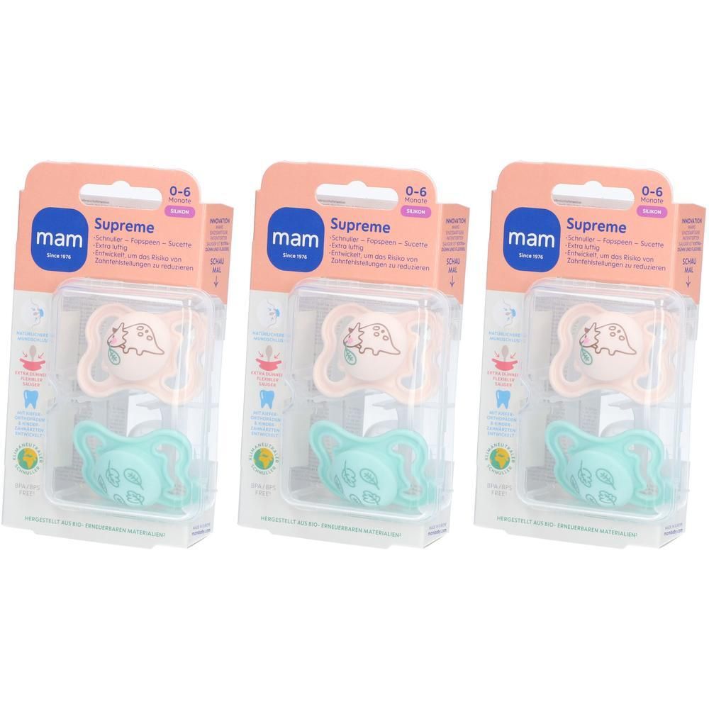 Trois sucettes MAM Supreme en silicone pour 0-6 mois, une rose et une vert menthe par emballage.