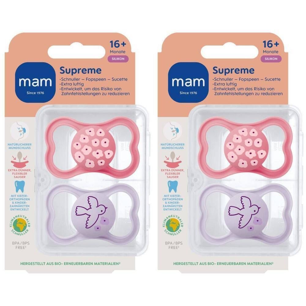 Deux sucettes MAM Supreme, 16+ mois, rose et lilas, avec motif oiseau.