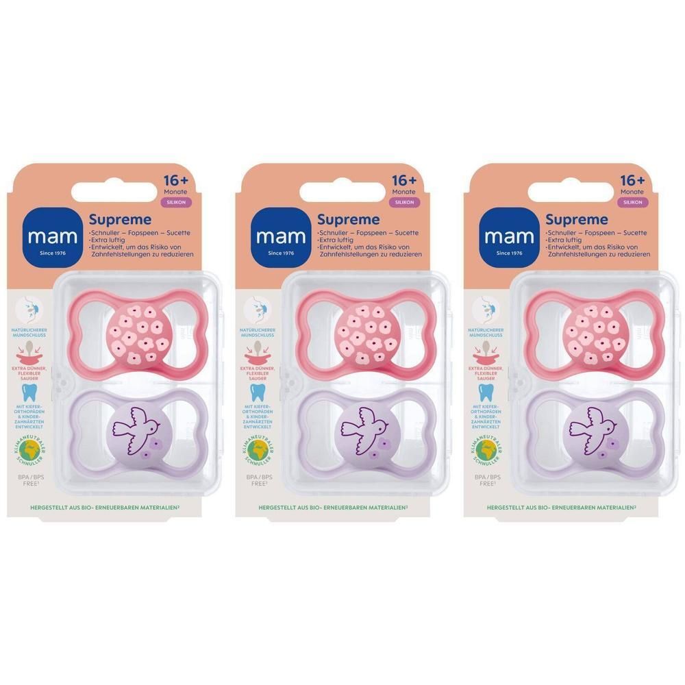 Trois sucettes MAM Supreme en silicone, rose, 16+ mois. Deux roses, une violette.