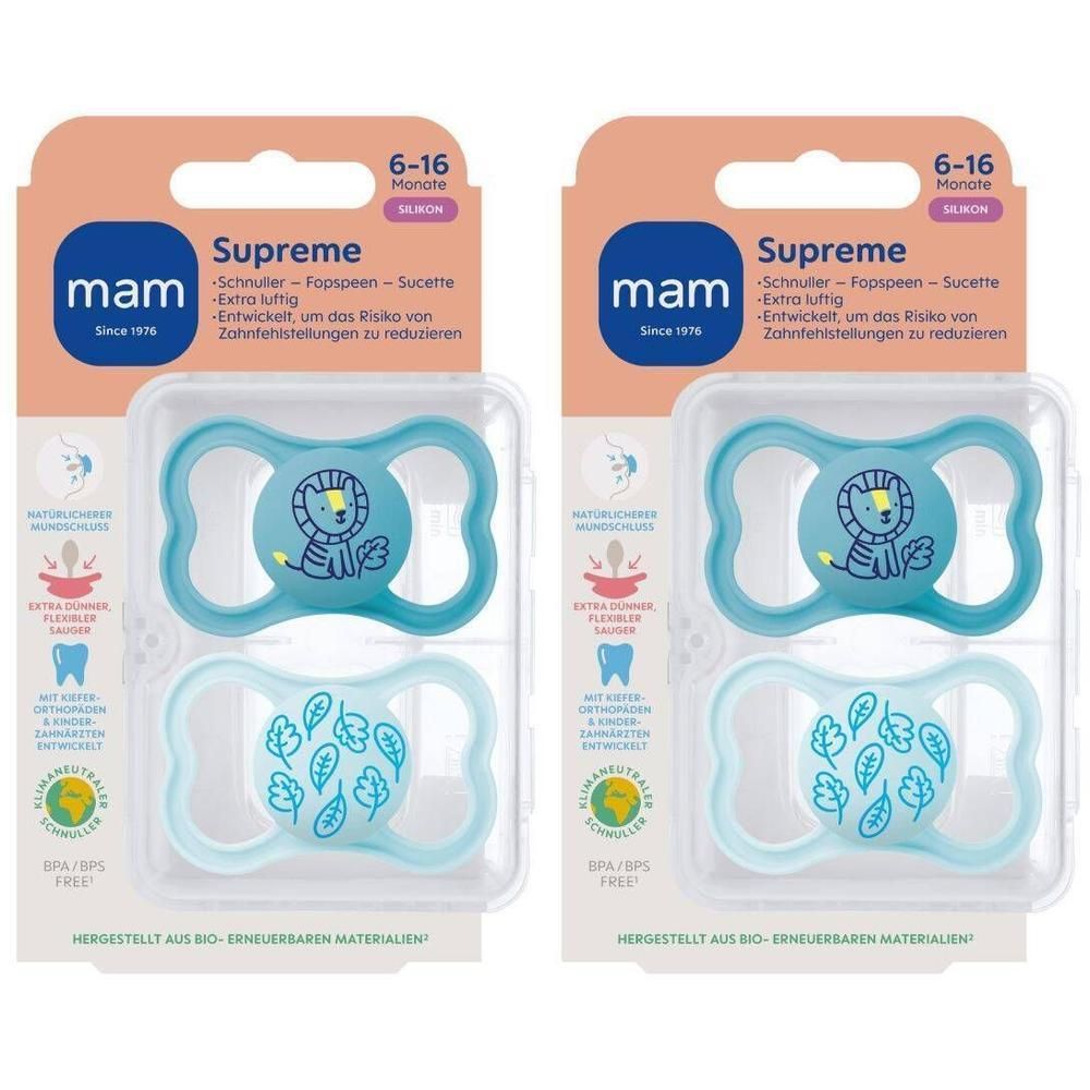 Twee MAM Supreme speentjes, 6-16 maanden, blauw, met leeuwen- en bladerenmotief.