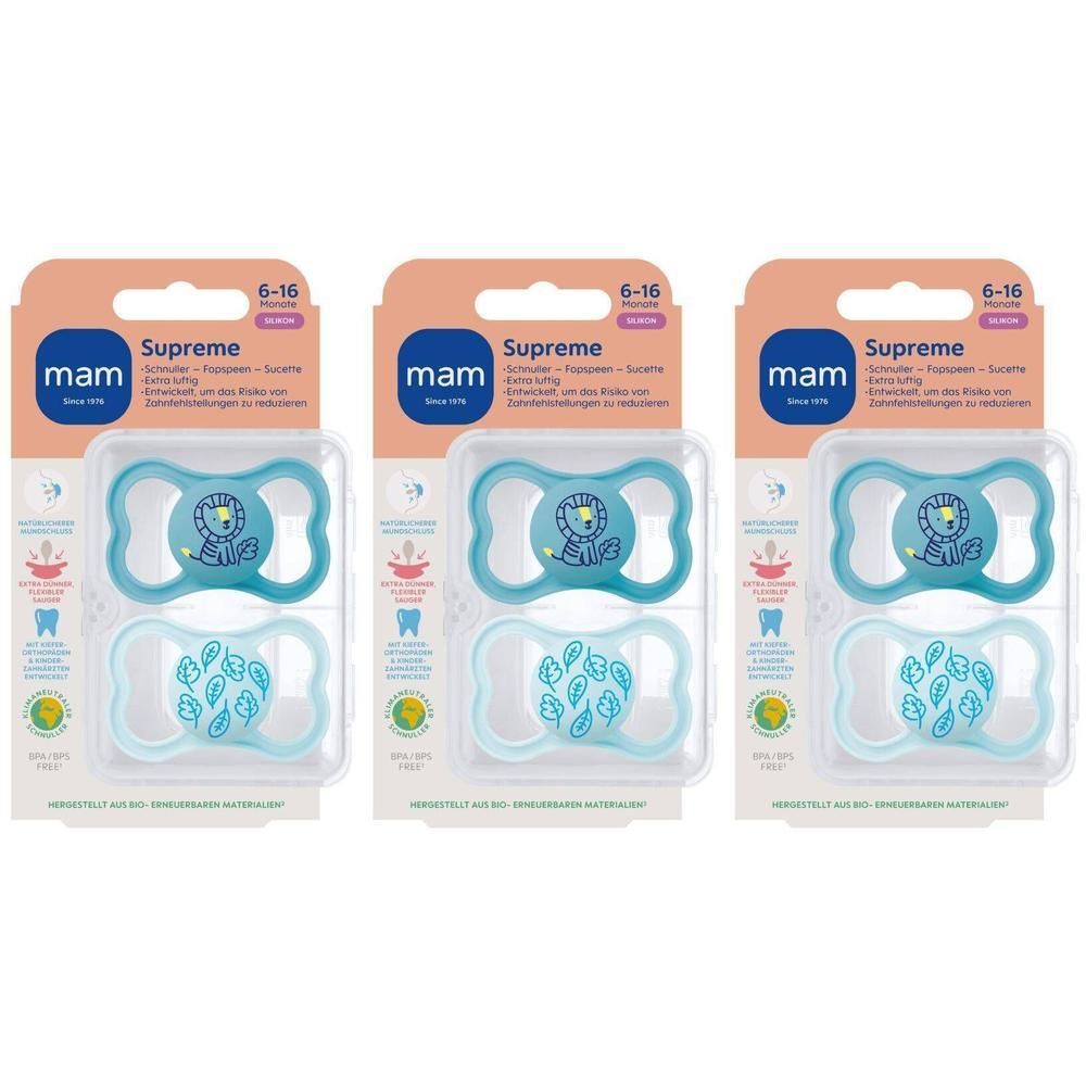 Deux sucettes MAM Supreme en silicone bleu clair, 6-16 mois. Motif lion et feuilles.