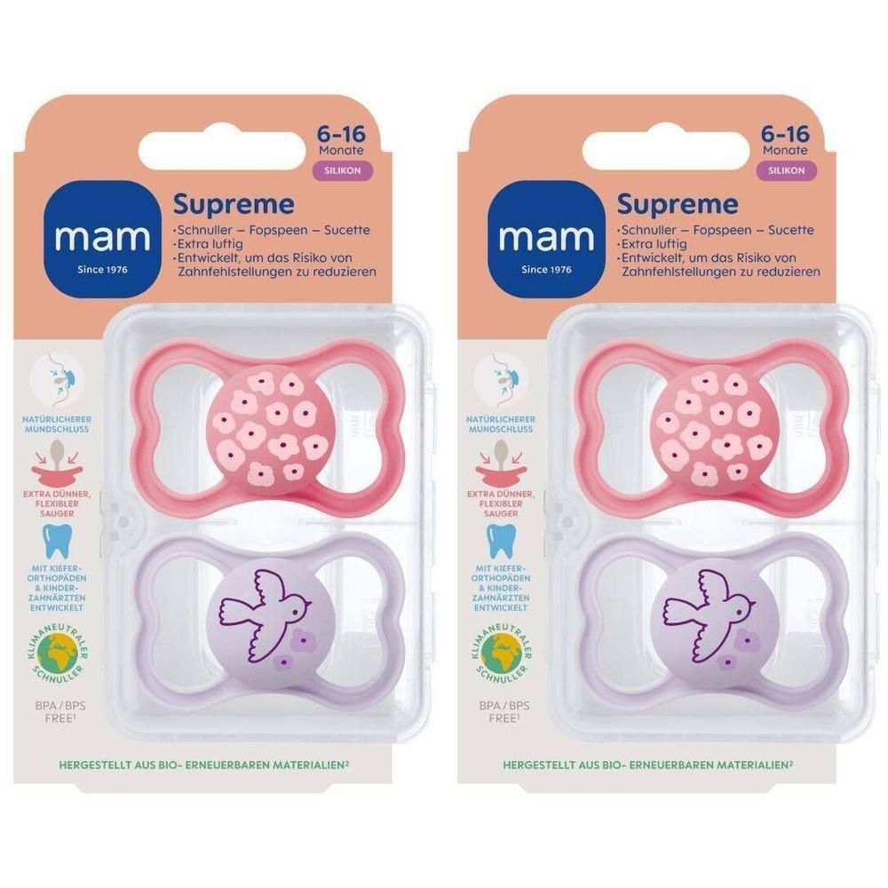 Deux sucettes MAM Supreme, 6-16 mois, fabriquées à partir de matériaux bio-renouvelables, sans BPA/BPS.