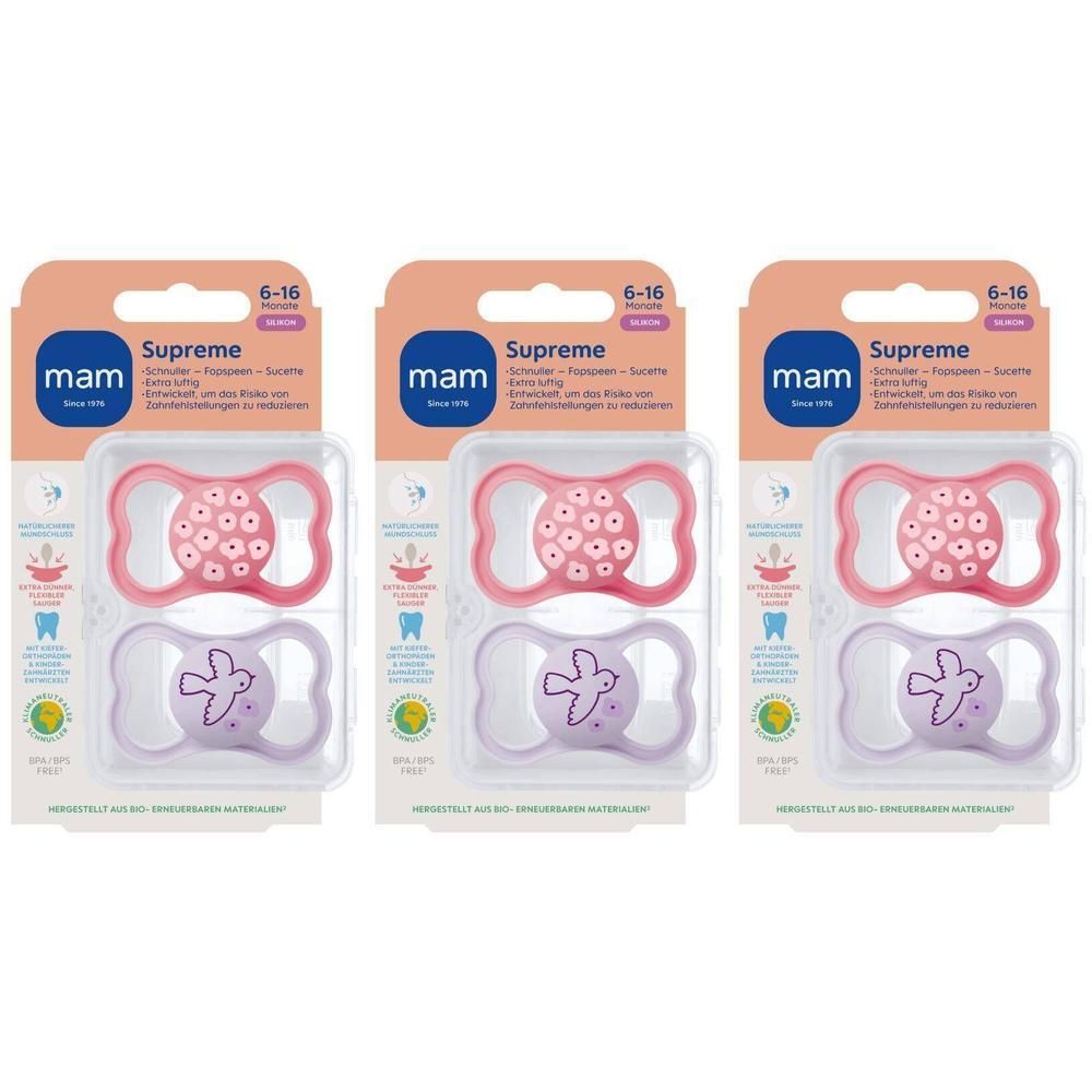 Drie MAM Supreme fopspenen in roze en paars voor 6-16 maanden. Elke verpakking bevat twee fopspenen.