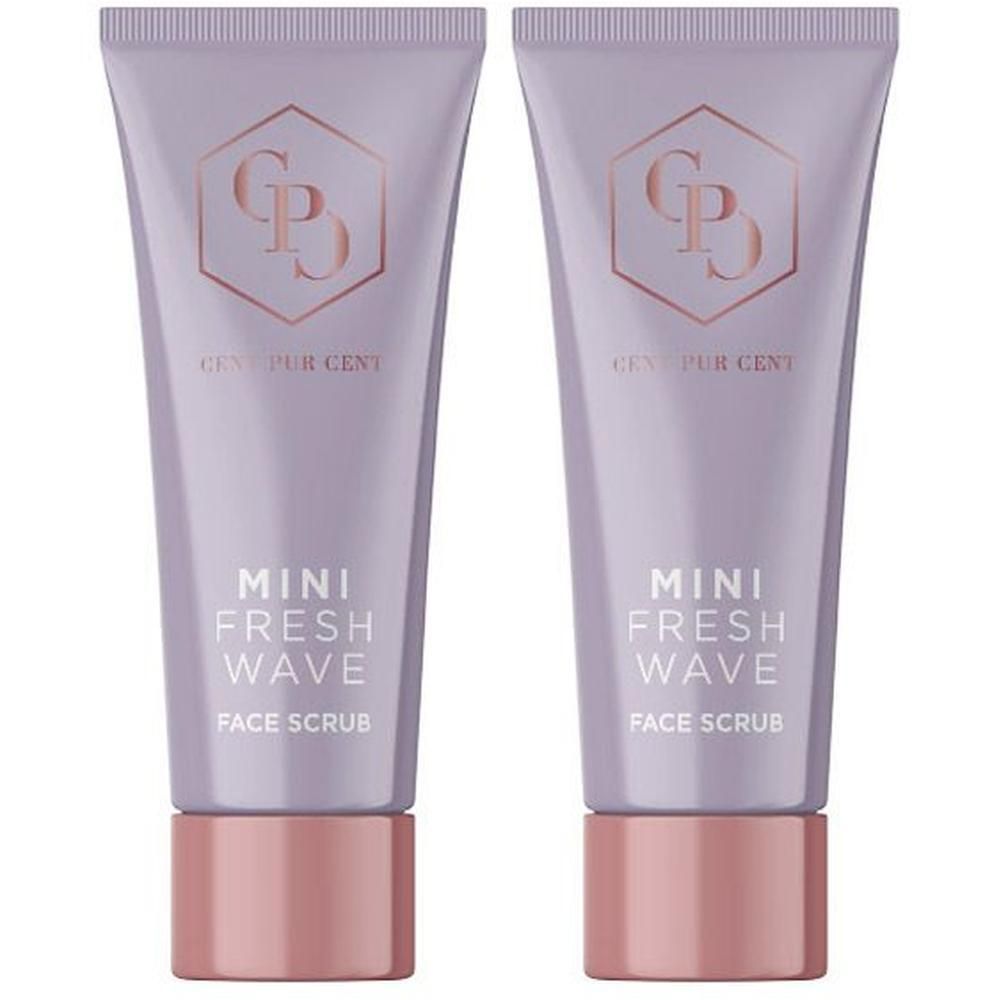 Deux tubes de gommage visage "Mini Fresh Wave" avec bouchon et logo or rose.