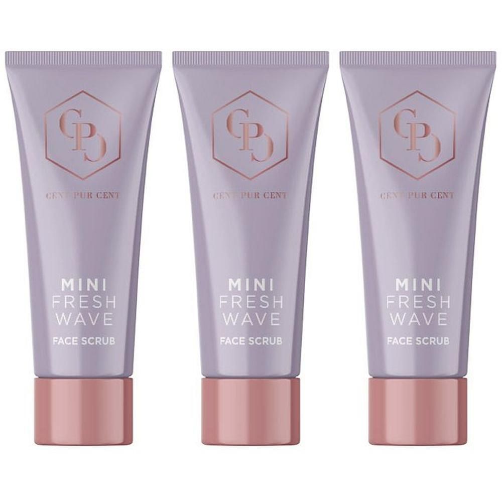 Trois tubes de gommage visage 'Mini Fresh Wave' avec bouchon rose et logo.