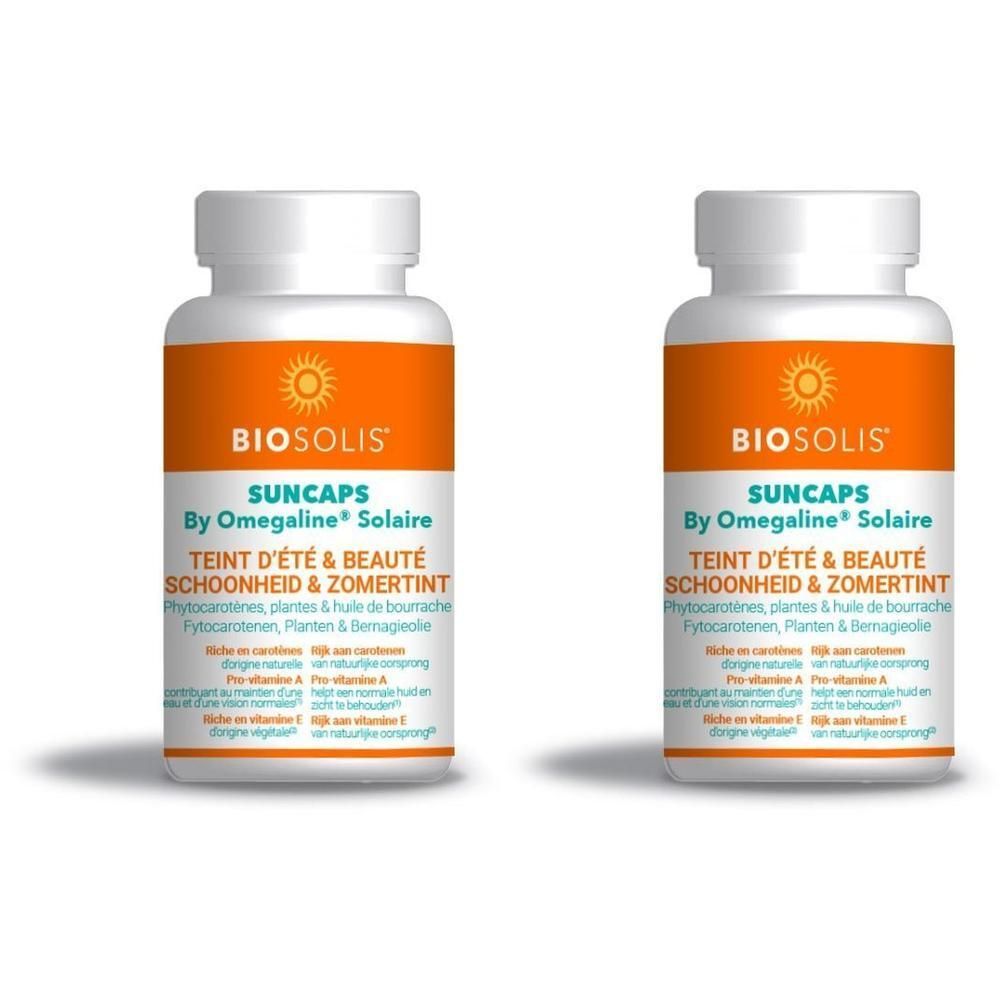 Deux flacons de Biosolis Suncaps Teint d'été & beauté. Étiquette orange avec logo soleil et informations produit.