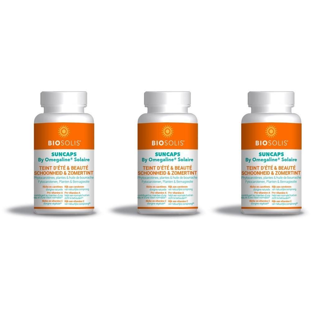 Drie flacons Biosolis Suncaps Teint d'été & beauté met oranje etiket en witte dop.