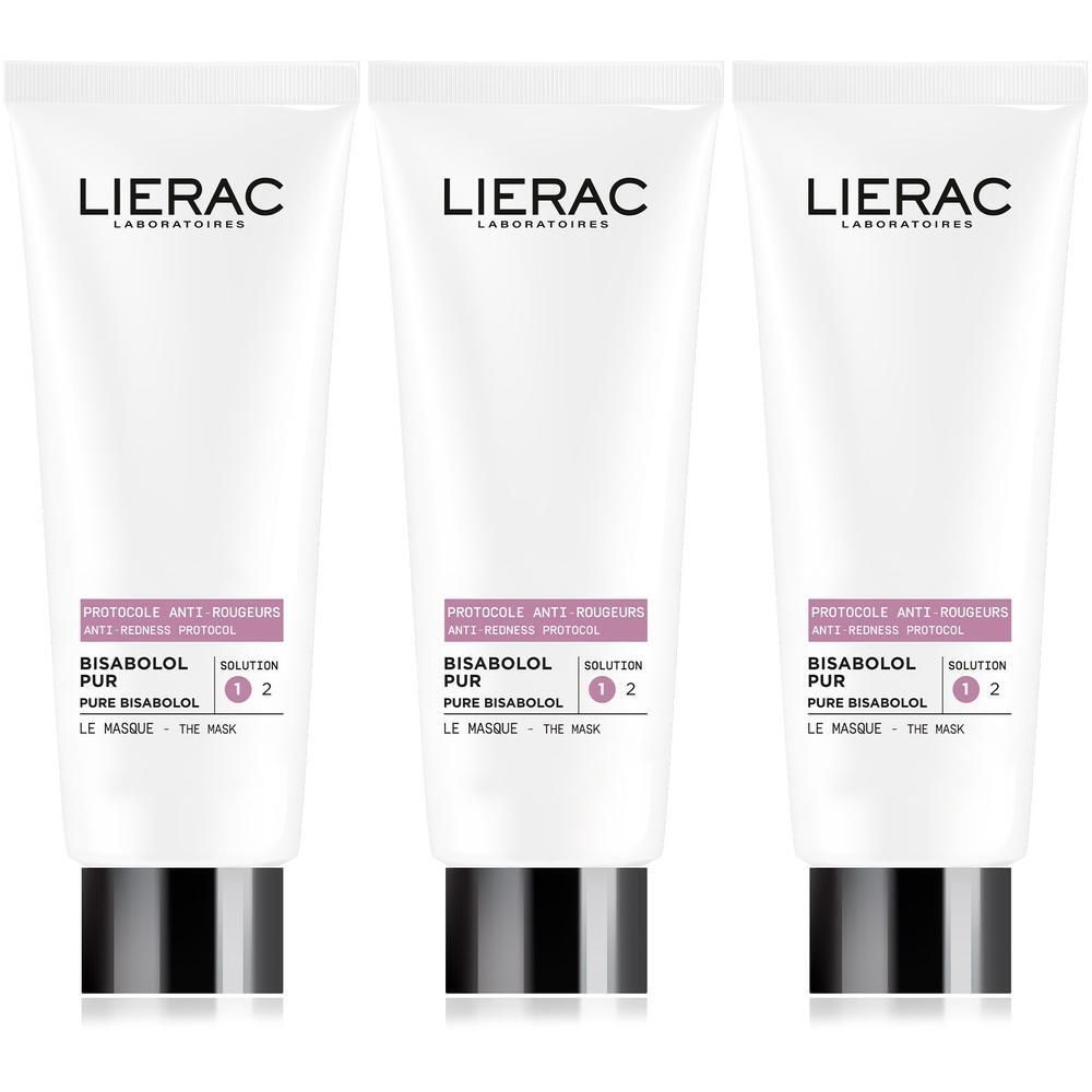 Trois tubes de masque Lierac Bisabolol Pur Anti-Rougeurs, bouchon noir.