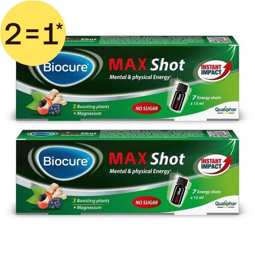 Deux boîtes Biocure Max Shot, chacune contenant 7 shots d'énergie de 15 ml. Contient 3 plantes fortifiantes et du magnésium. Sans sucre.