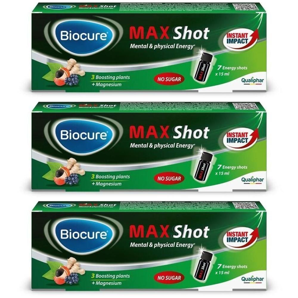 Emballage Biocure Max Shot contenant 7 shots d'énergie de 15ml, pour l'énergie mentale et physique.