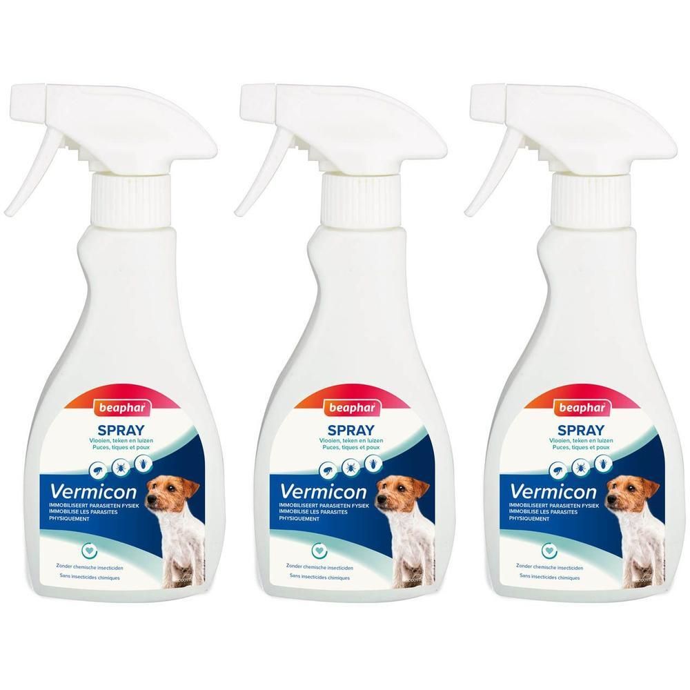 Trois flacons pulvérisateurs blancs Beaphar Vermicon pour chiens.