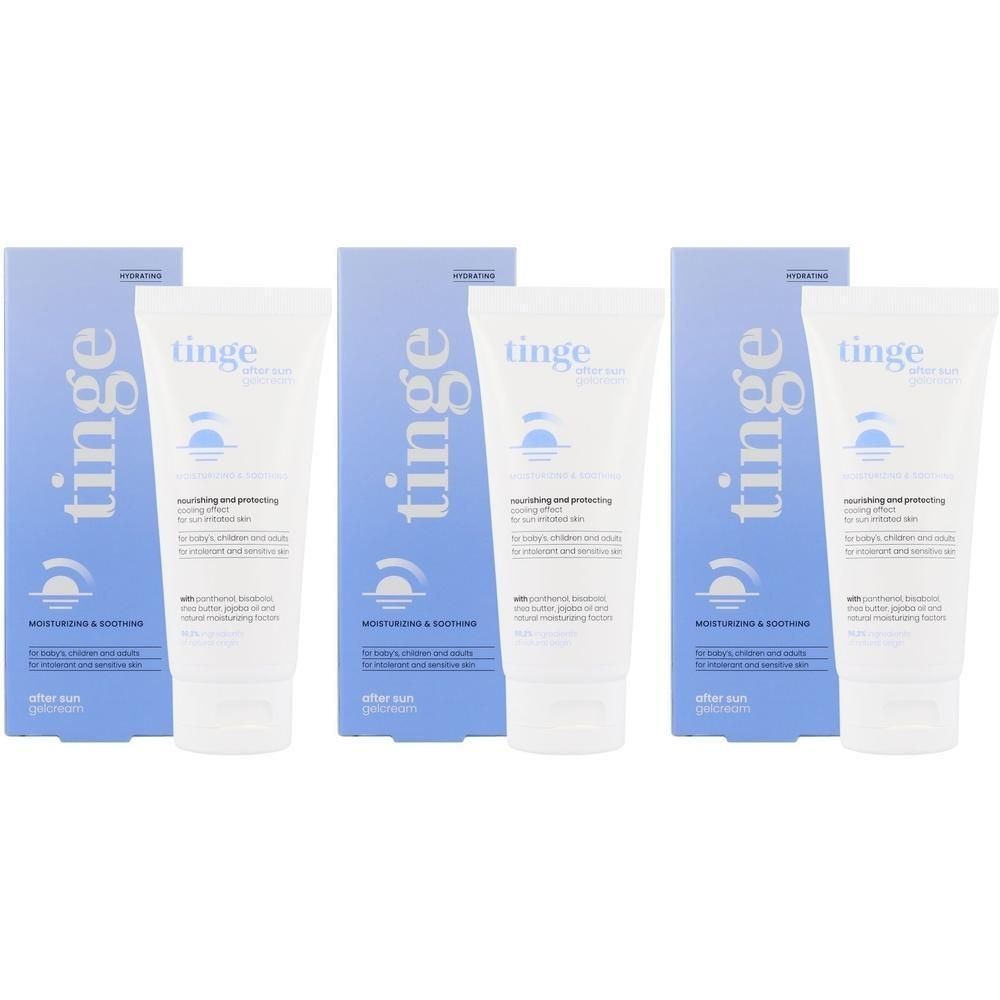 Trois tubes de Tinge Gel-Crème Après-Soleil avec emballage.