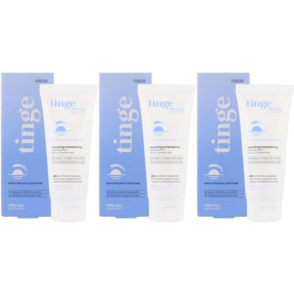 Drie Tinge After Sun Gelcrème tubes met verpakking.